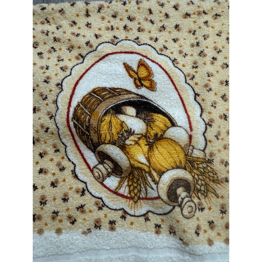 Vintage Franco Mushroom Wheat Butterfly Hand Towel Fringed Retro 70s Made in USA